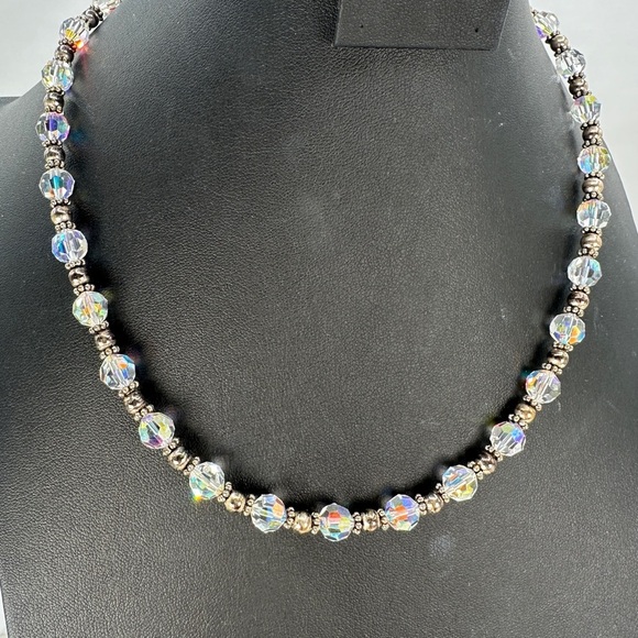 Vintage Aurora Borealis Glass Bead Necklace Sterling Silver Clasp, Spacer Beads - Picture 10 of 10